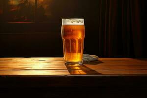 ai généré une verre de Bière sur une en bois table à nuit, une verre de Bière sur une en bois tableau. ai généré photo