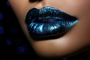 ai généré fermer de femme lèvres avec noir rouge à lèvres avec bleu briller brillant maquillage photo