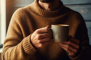 ai généré homme mains dans une tricoté chaud chandail en portant une tasse de café ou thé photo