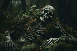 ai généré une Humain squelette couvert avec mousse mensonges dans une effrayant foncé sombre forêt photo