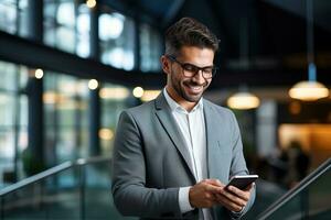 ai généré Jeune Beau homme d'affaire dans une gris costume souriant tandis que en train de lire une message de le sien téléphone dans un Bureau bâtiment salle photo