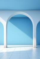 ai généré verticale architecture Contexte. passage cambre avec blanc piliers avec bleu mur sur une Contexte photo