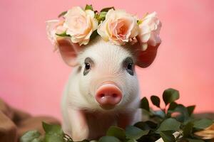 ai généré mignonne national mini porc avec fleurs couronne sur tête sur une rose Contexte photo