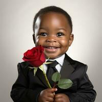 ai généré adorable souriant peu bébé garçon dans une noir affaires costume en portant une rouge Rose dans le sien mains, isolé sur une blanc Contexte photo