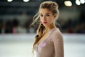 ai généré portrait de une charmant Jeune femme à le patinage patinoire dans une magnifique beige tenue contre une flou Contexte de le des stands photo