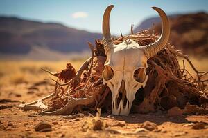 ai généré fermer de une crâne avec cornes de chèvre dans le séché désert photo