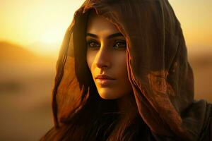 ai généré portrait de une Jeune arabe femme dans une hijab dans le désert contre le coucher de soleil, arabe femmes visage le le coucher du soleil ai généré photo