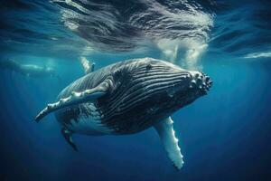 ai généré baleine nager dans le bleu océan, sous-marin scène. 3d rendre, sperme baleine nager sous-marin, ai généré photo