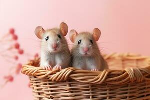 ai généré deux mignonne national les rats dans une panier sur une rose Contexte photo