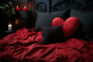 ai généré rouge cœur en forme de oreiller sur noir et rouge soie lit dans chambre avec bougies photo