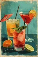 ai généré verticale illustration de Trois des lunettes avec différent fruit de l'alcool des cocktails dans rétro ancien affiche style photo