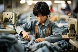 ai généré portrait de une garçon dans une bleu chemise et bretelles travail dans une vêtement usine parmi tissus photo