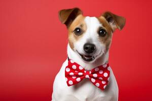 ai généré portrait de une chien dans une rouge arc attacher sur ses cou. carte postale avec une chien pour la Saint-Valentin journée. génératif ai photo