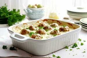 ai généré casserole avec blanc sauce et Boulettes de viande dans une blanc céramique former. génératif ai photo