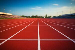 ai généré fonctionnement Piste dans le stade. caoutchouc enrobage. lisse surface prêt pour coureurs. génératif ai photo