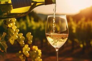 ai généré verser blanc du vin dans verre sur vignoble Contexte à le coucher du soleil. génératif ai photo