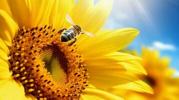 ai généré vibrant tournesol fleur proche en haut avec abeille sur Jaune photo