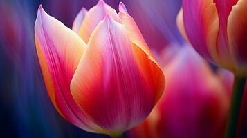 ai généré vibrant rose et Jaune tulipe fleur dans proche en haut macro photo