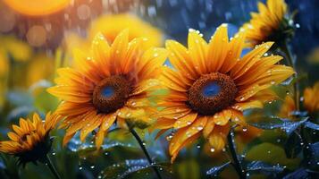 ai généré vibrant tournesol fleur dans couvert de rosée Prairie une brillant l'automne photo