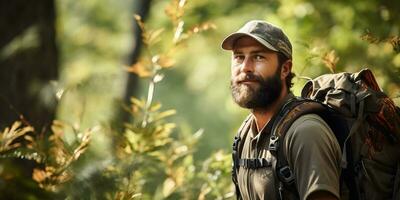 ai généré portrait de une barbu homme avec une sac à dos dans le forêt. ai généré. photo