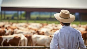 ai généré arrière vue de une homme portant une paille chapeau permanent dans de face de une troupeau de vaches. ai généré. photo