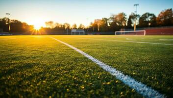 ai généré le coucher du soleil plus de un vide football champ. ai généré. photo