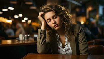 ai généré portrait de une Jeune femme séance dans une café et pensée. ai généré. photo