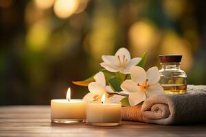 ai généré spa encore la vie avec bougies, serviette et fleurs sur en bois table photo