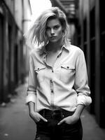 ai généré magnifique Jeune femelle modèle posant dans vieux denim jeans et chemise dans noir et blanc portrait photo