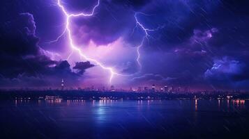 ai généré foudre orage avec tonnerre plus de une ville. extrême temps concept photo