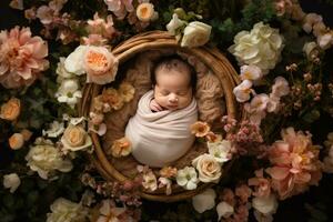 ai généré nouveau née bébé dans une panier entouré avec fleurs photo