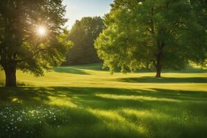 ai généré magnifique flou Contexte image de printemps la nature avec une soigneusement taillé pelouse entouré par des arbres contre une bleu ciel avec des nuages sur une brillant ensoleillé. photo