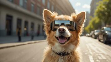 ai généré mignonne chien portant virtuel réalité des lunettes sur le rue photo