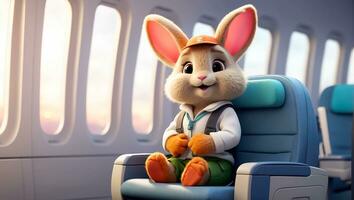 ai généré mignonne dessin animé lapin dans un avion siège photo