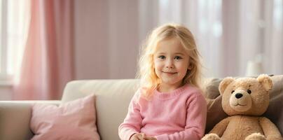 ai généré portrait de une peu fille avec une nounours ours dans le pièce photo