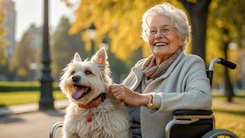 ai généré personnes âgées femme dans une fauteuil roulant avec une chien à l'extérieur dans le parc photo