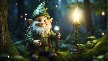 ai généré mignonne marrant dessin animé gnome avec une lampe de poche dans le forêt photo