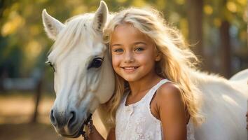 ai généré portrait de une peu fille avec une cheval dans la nature photo