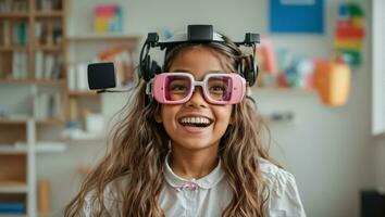 ai généré écolière portant virtuel réalité des lunettes dans classe photo