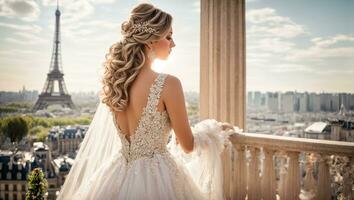 ai généré magnifique fille dans une blanc demoiselle d'honneur robe contre le Contexte de le Eiffel la tour photo