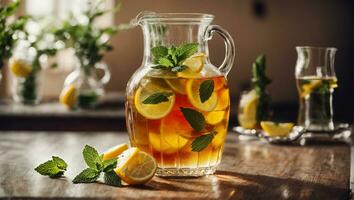 ai généré du froid thé avec citron et menthe sur le table dans verre photo