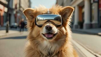 ai généré mignonne chien portant virtuel réalité des lunettes sur le rue photo