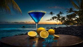 ai généré bleu cocktail dans une magnifique verre, citron, nuit contre le mer photo