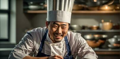 ai généré content asiatique Masculin cuisinier dans cuisine photo