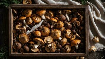 ai généré Frais champignons dans une en bois boîte sur un vieux Contexte photo