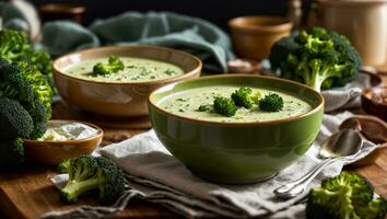 ai généré appétissant crème de brocoli soupe sur le table photo