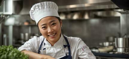 ai généré content asiatique femme cuisinier dans restaurant cuisine photo