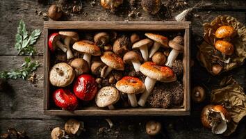 ai généré Frais champignons dans une en bois boîte sur un vieux Contexte photo