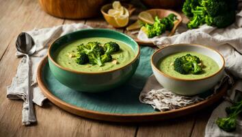 ai généré appétissant crème de brocoli soupe sur le table photo