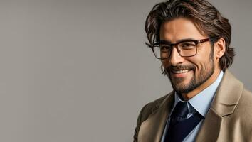 ai généré portrait de une brutal souriant homme d'affaire dans des lunettes photo